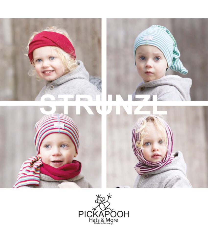 Abgebildet sind Kinder, die das Multifunktionstuch von Pickapooh auf verschiedene Weise tragen: als Stirnband, als Mütze und als Cabrio-Variante